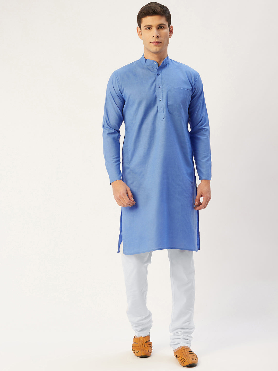 Jompers Men's Beautiful Blue Cotton Solid Kurta Pyjama