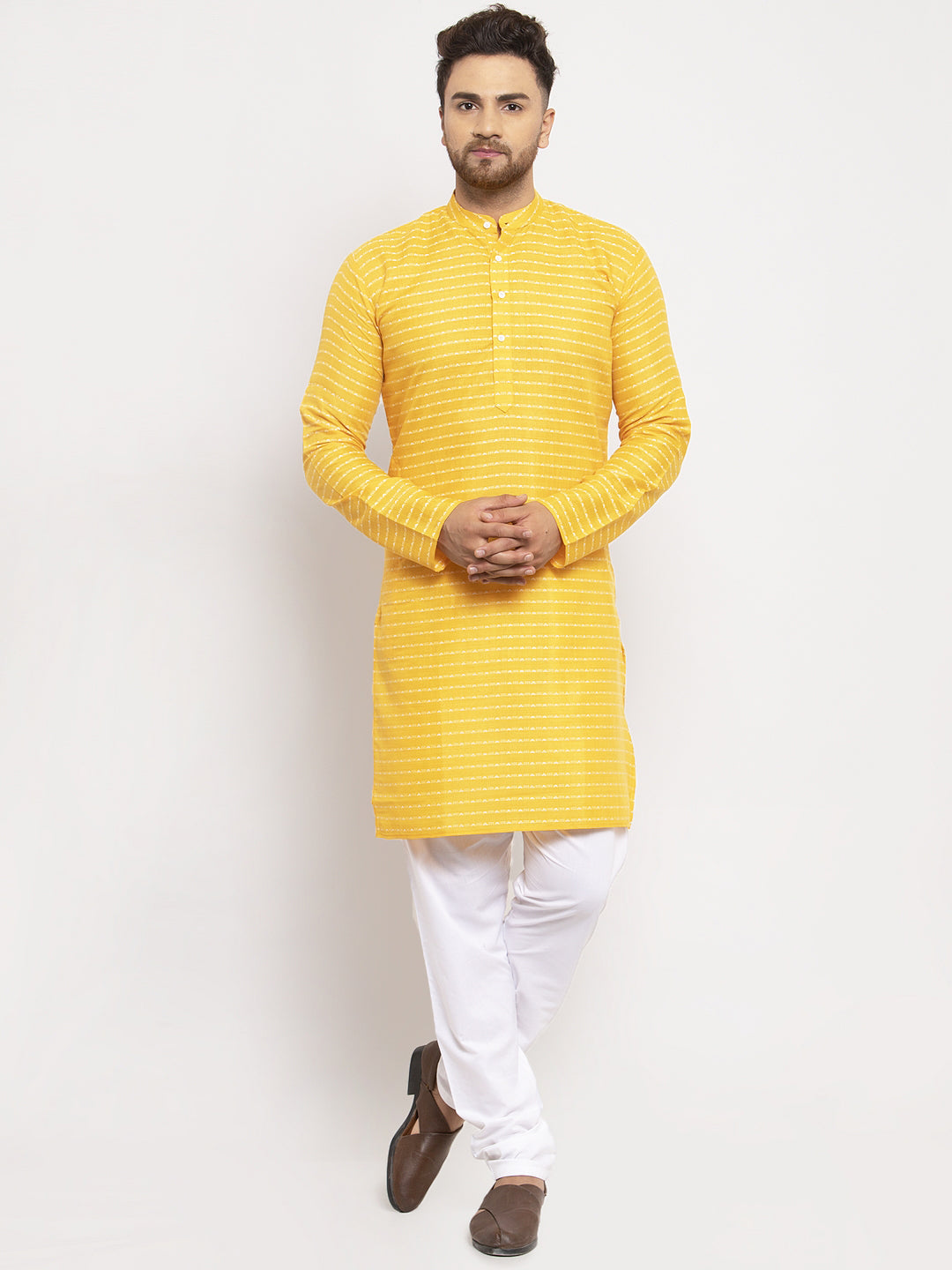 Jompers Men Yellow Woven Design Straight Kurta with Churidar - Distacart