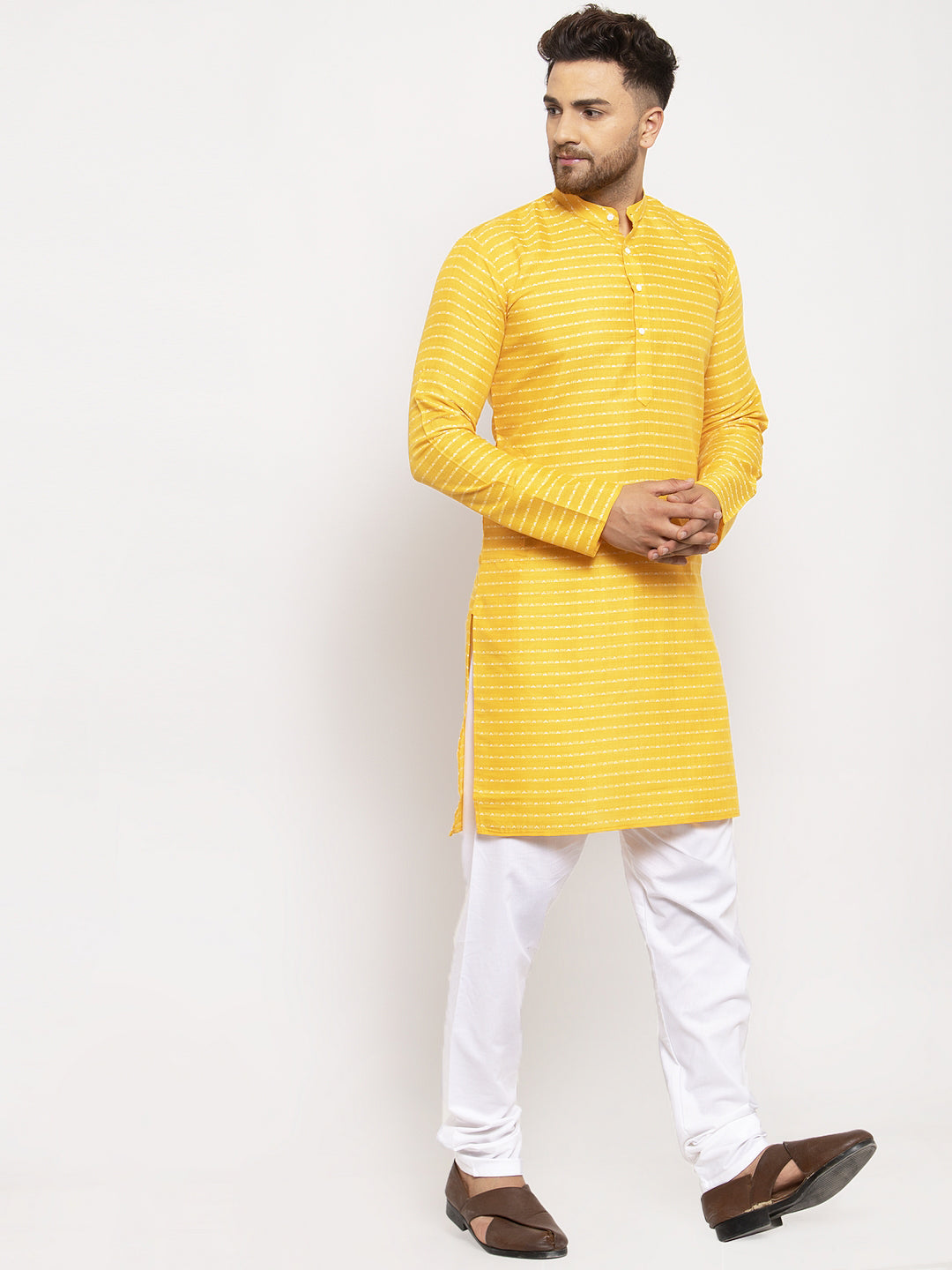Jompers Men Yellow Woven Design Straight Kurta with Churidar - Distacart