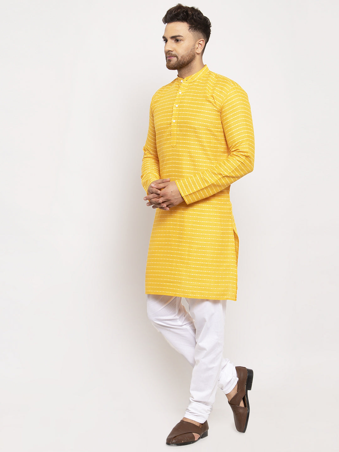 Jompers Men Yellow Woven Design Straight Kurta with Churidar - Distacart