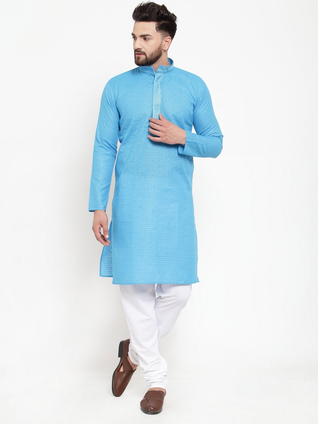 Jompers Men Blue & White Embroidered Kurta Only - Distacart