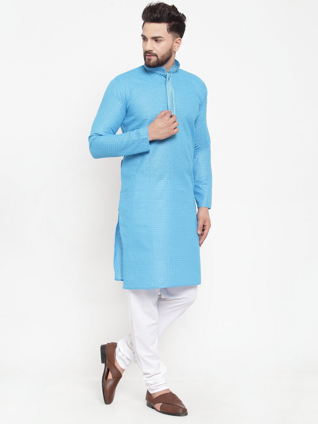 Jompers Men Blue & White Embroidered Kurta with Churidar - Distacart