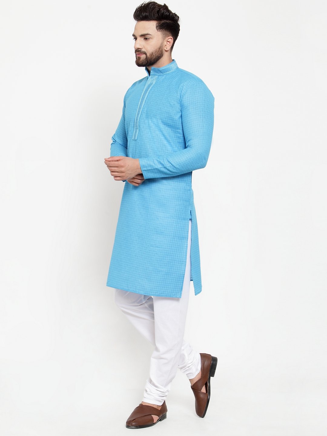 Jompers Men Blue & White Embroidered Kurta Only - Distacart