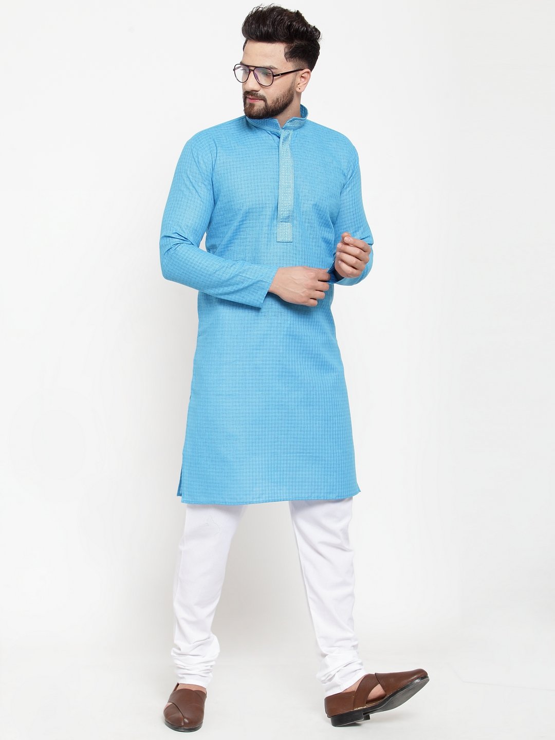Jompers Men Blue & White Embroidered Kurta Only - Distacart