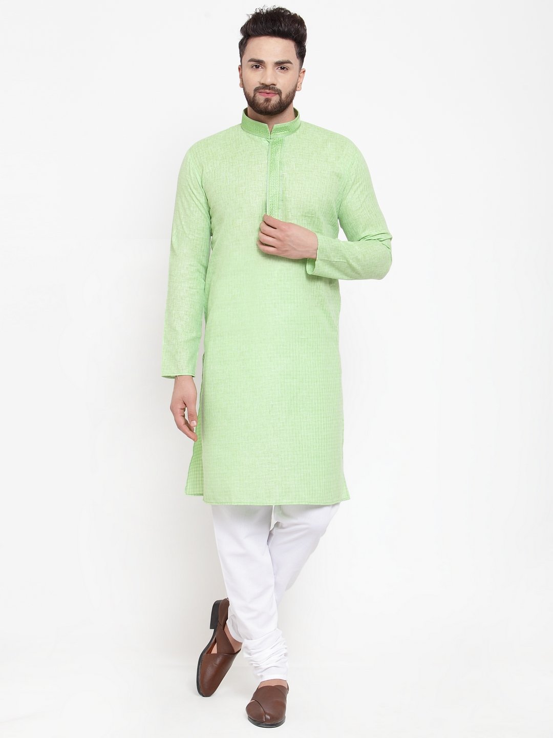 Jompers Men Green & White Embroidered Kurta with Churidar - Distacart