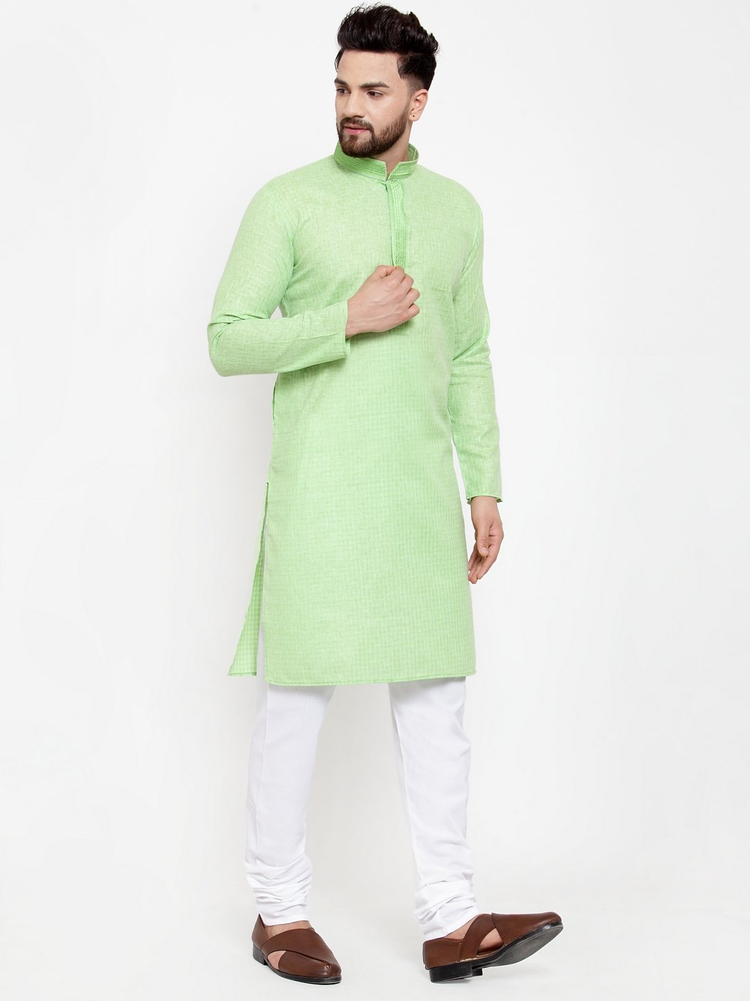 Jompers Men Green & White Embroidered Kurta with Churidar - Distacart