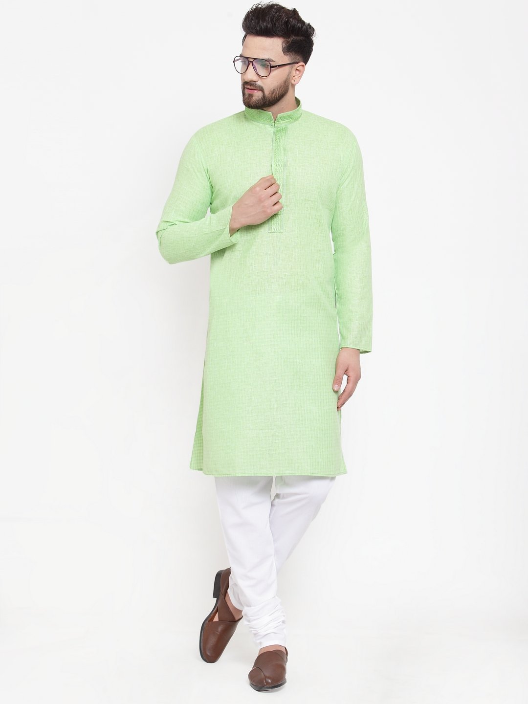 Jompers Men Green & White Embroidered Kurta with Churidar - Distacart