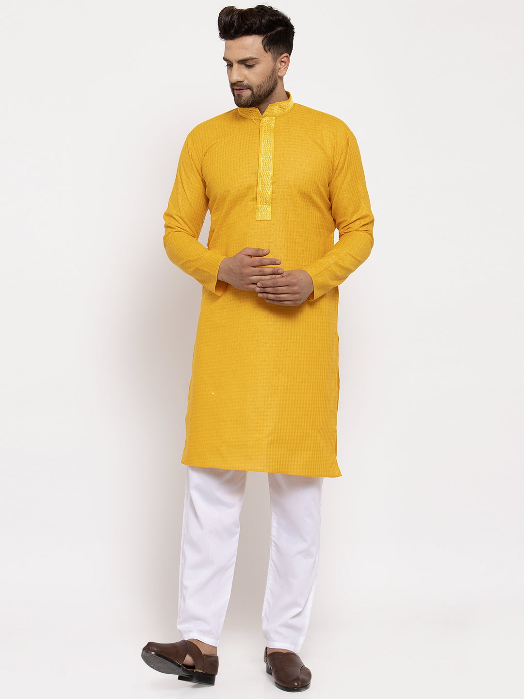 Jompers Men's Mustard Woven Kurta Only