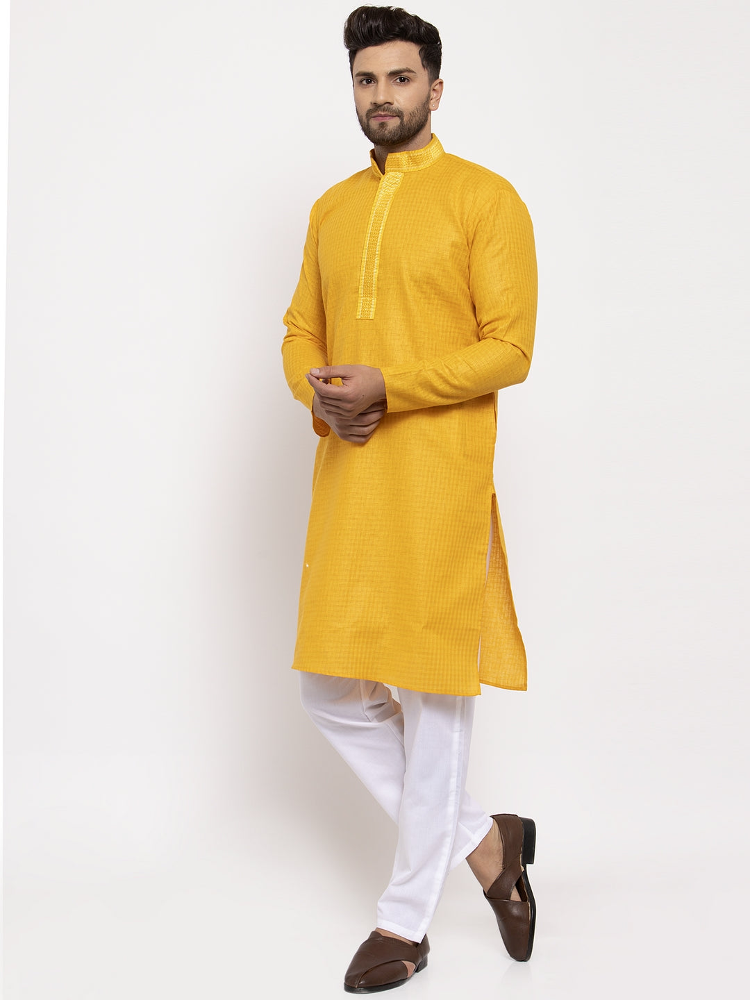 Jompers Men's Beautiful Mustard Woven Kurta Payjama Sets