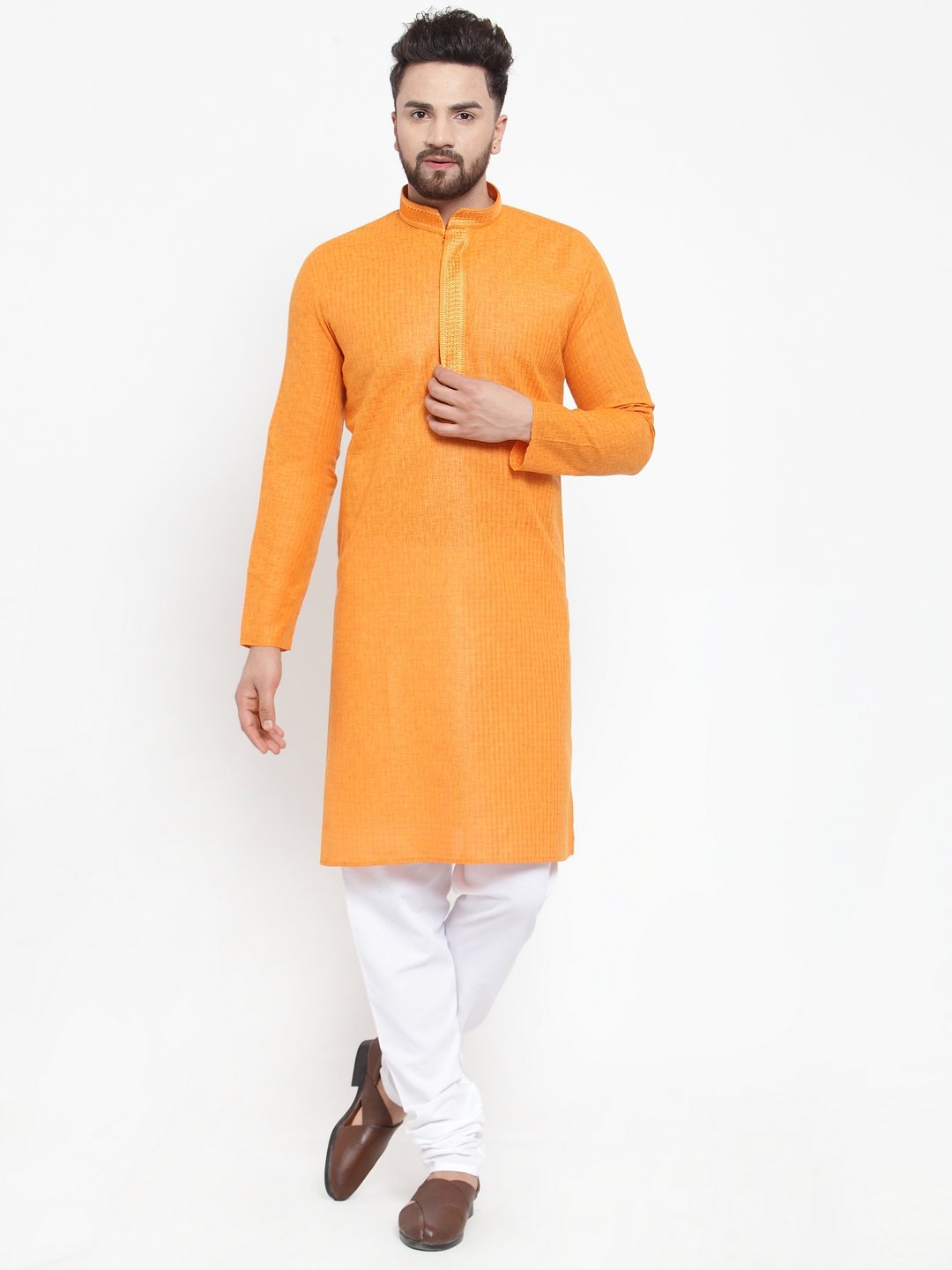 Jompers Men Orange & White Embroidered Kurta Only - Distacart
