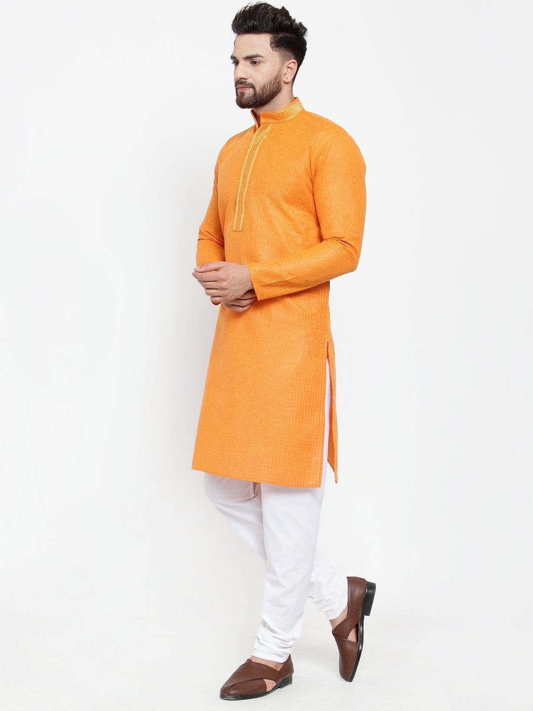 Jompers Men Orange & White Embroidered Kurta with Churidar - Distacart