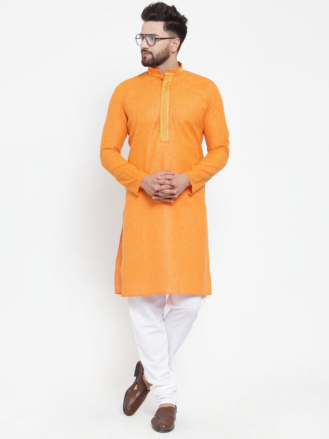 Jompers Men Orange & White Embroidered Kurta with Churidar - Distacart