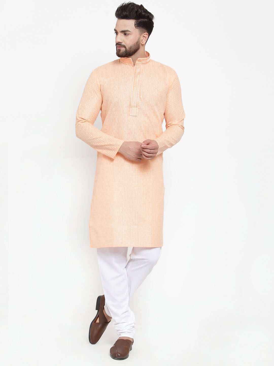 Jompers Men Peach & White Embroidered Kurta with Churidar - Distacart
