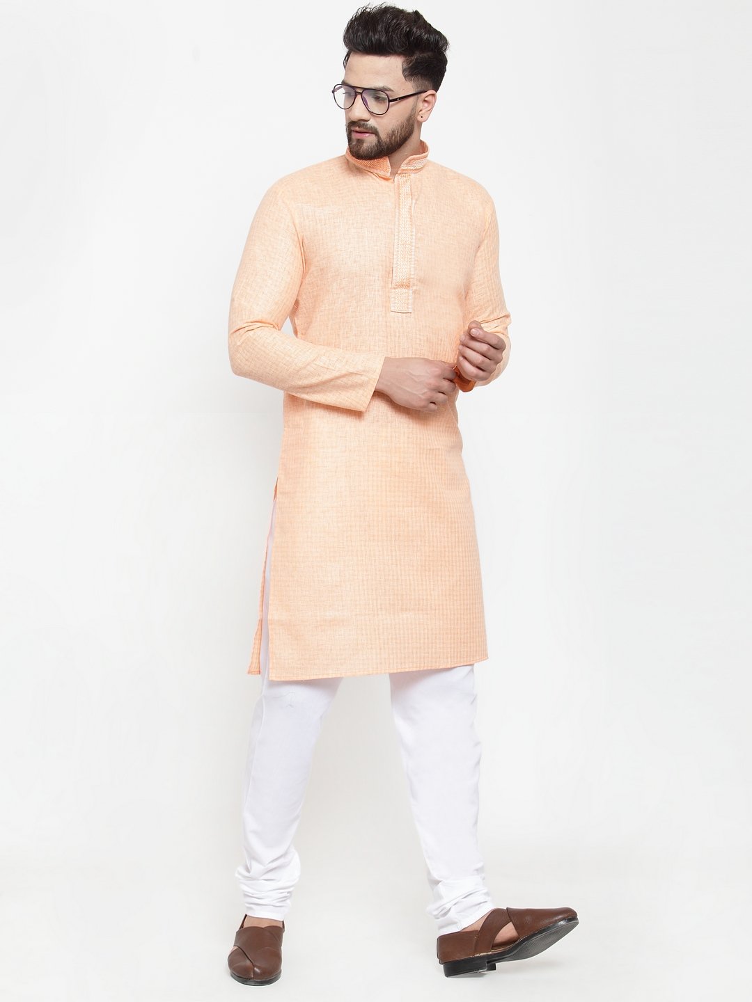 Jompers Men Peach & White Embroidered Kurta Only - Distacart