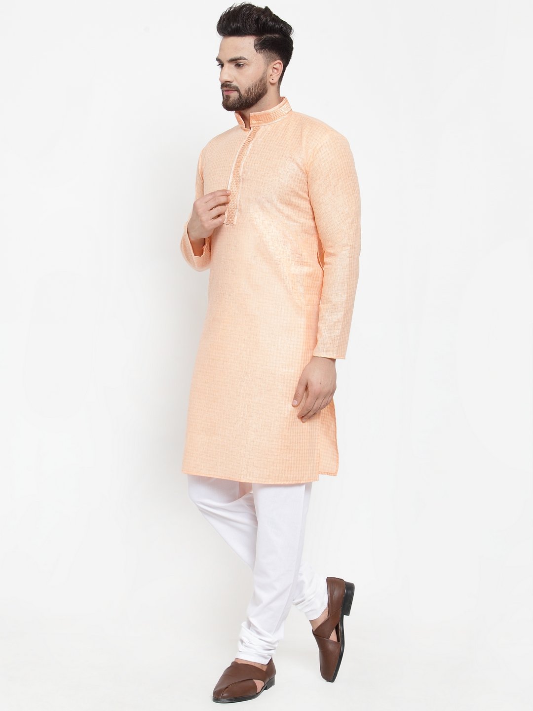 Jompers Men Peach & White Embroidered Kurta Only - Distacart