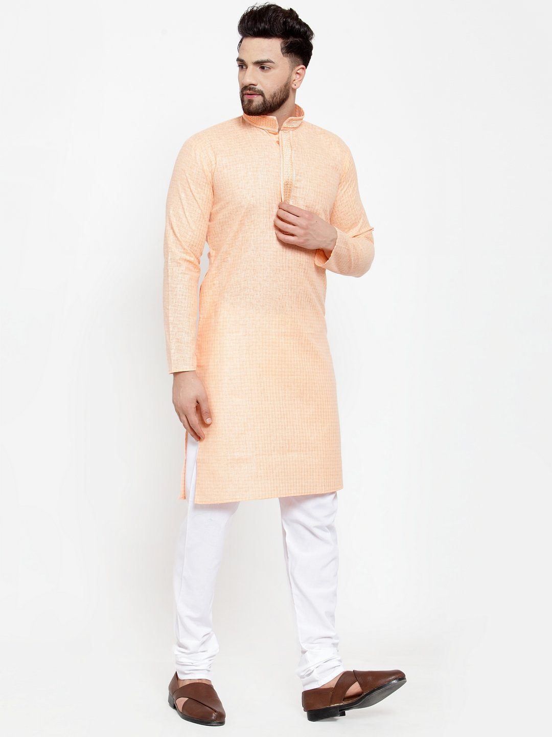 Jompers Men Peach & White Embroidered Kurta with Churidar - Distacart