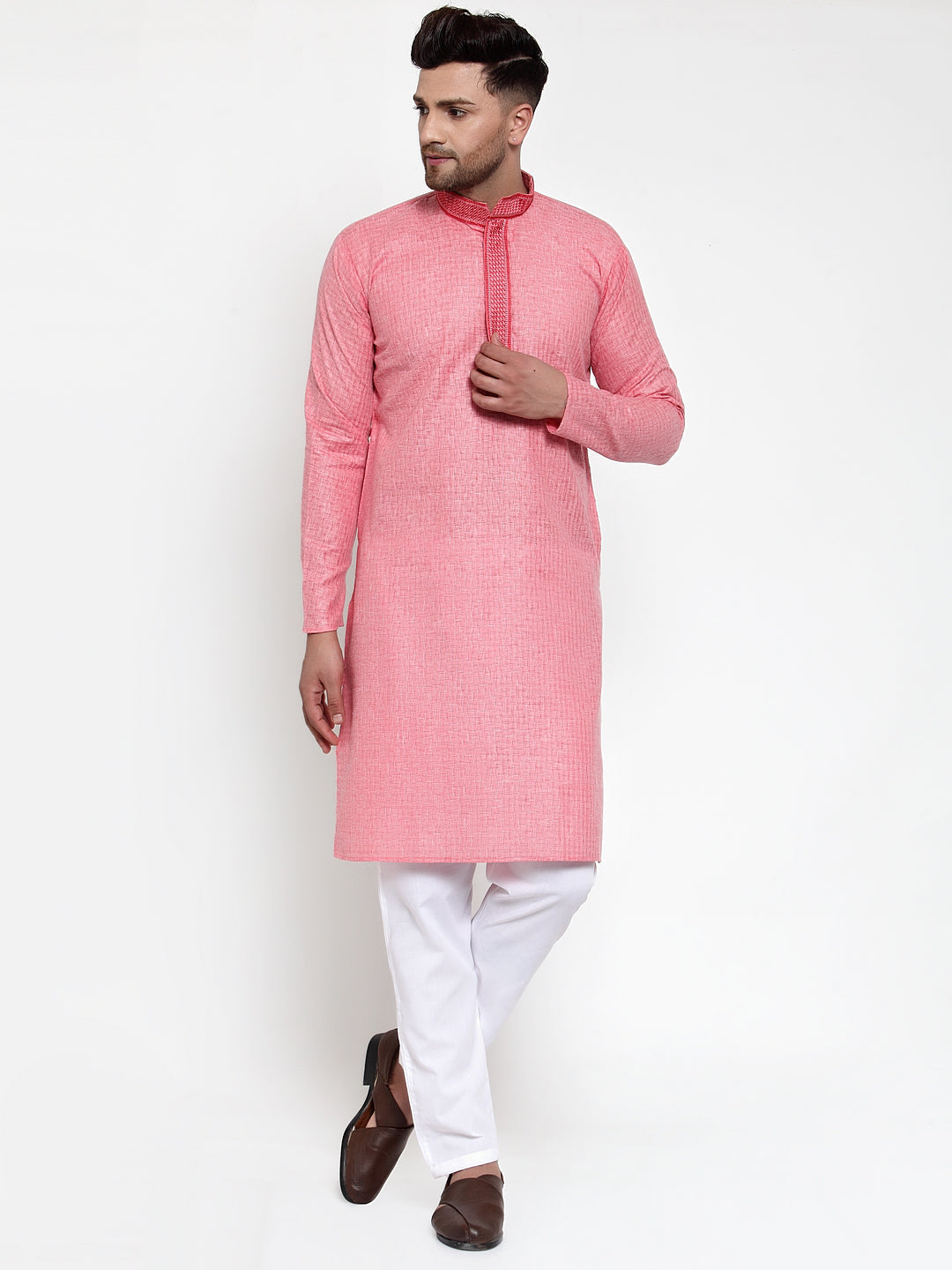 Jompers Men's Beautiful Pink Woven Kurta Only