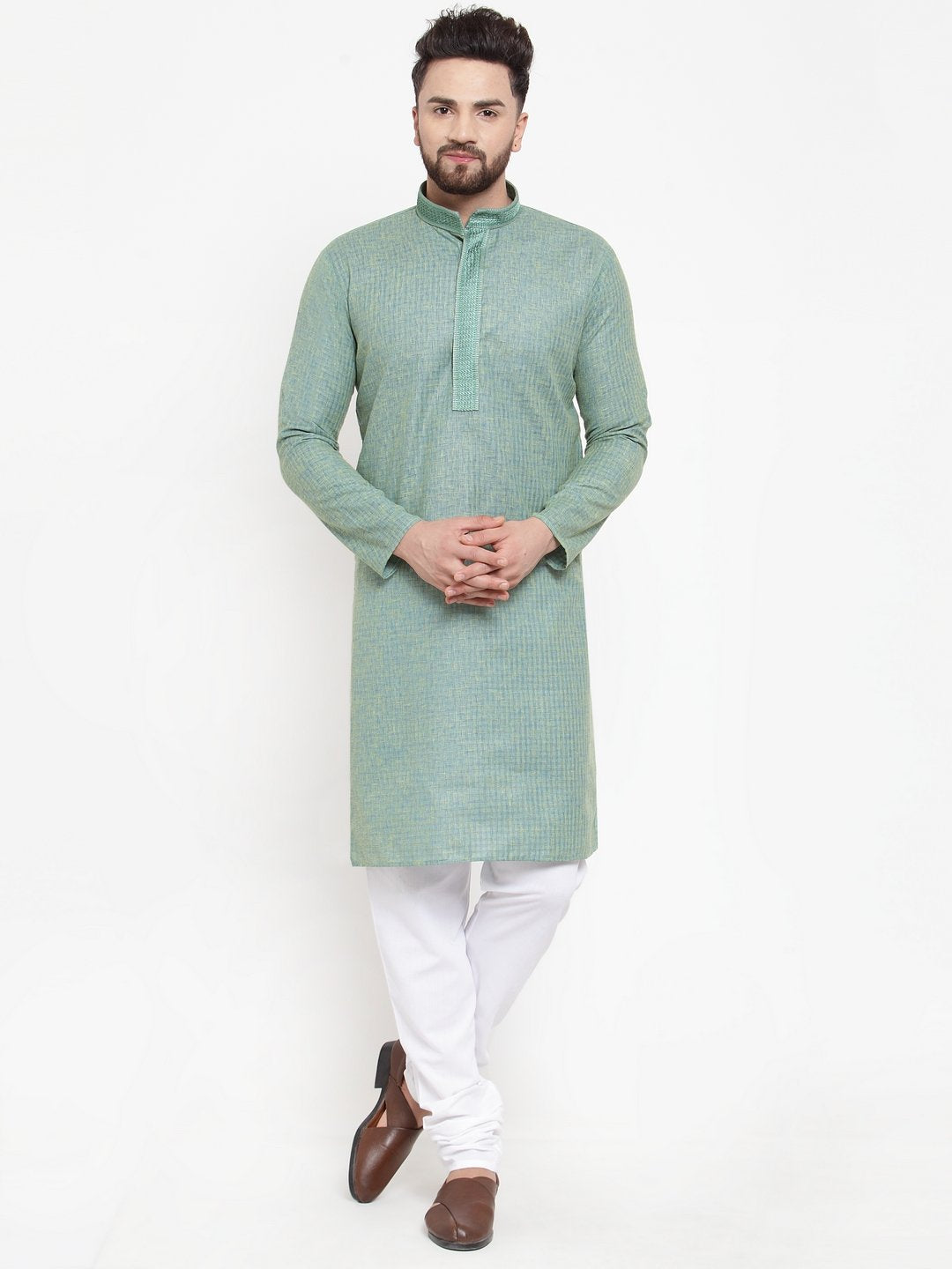 Jompers Men Sea Green & White Embroidered Kurta with Churidar - Distacart