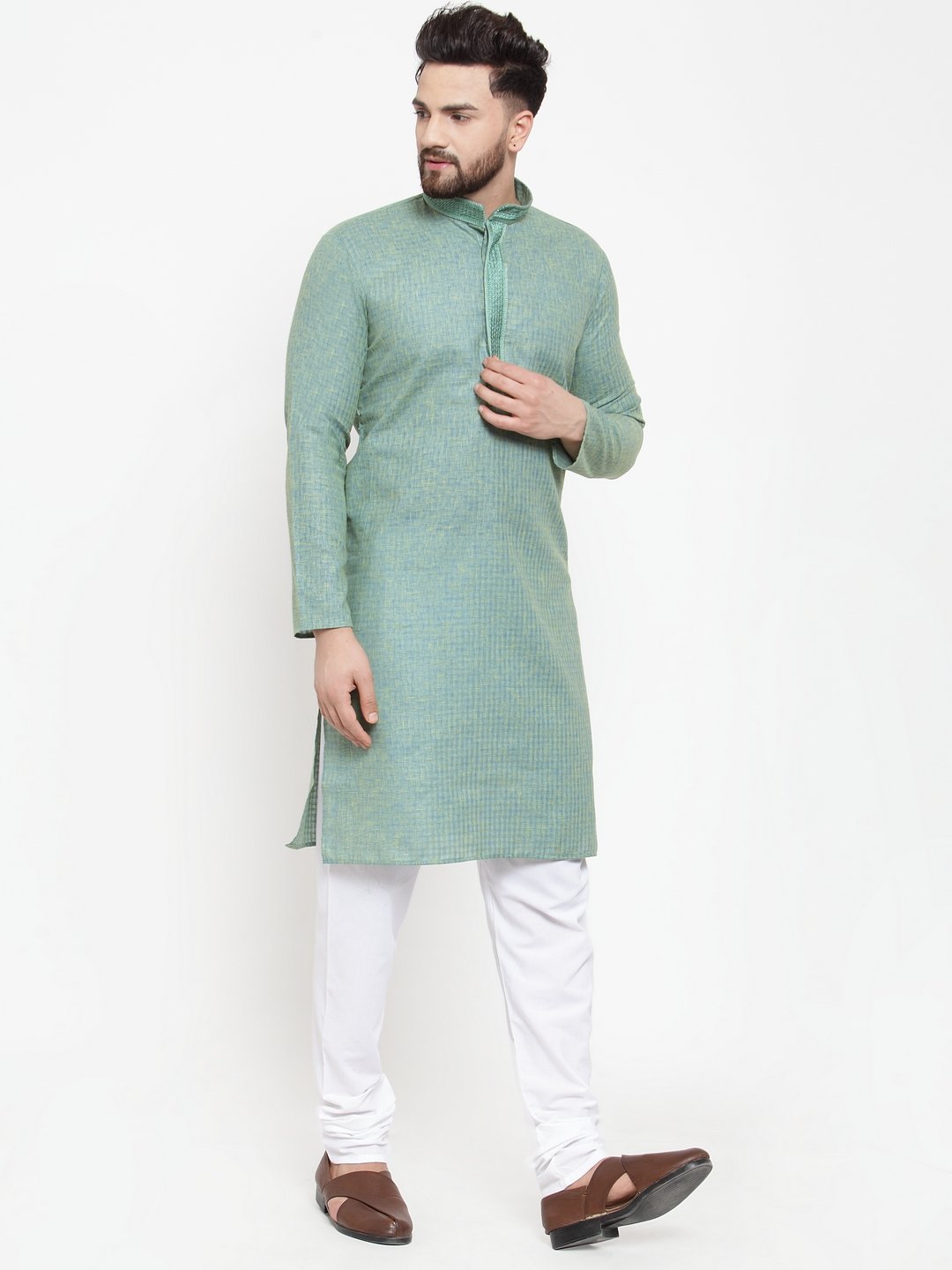 Jompers Men Sea Green & White Embroidered Kurta with Churidar - Distacart