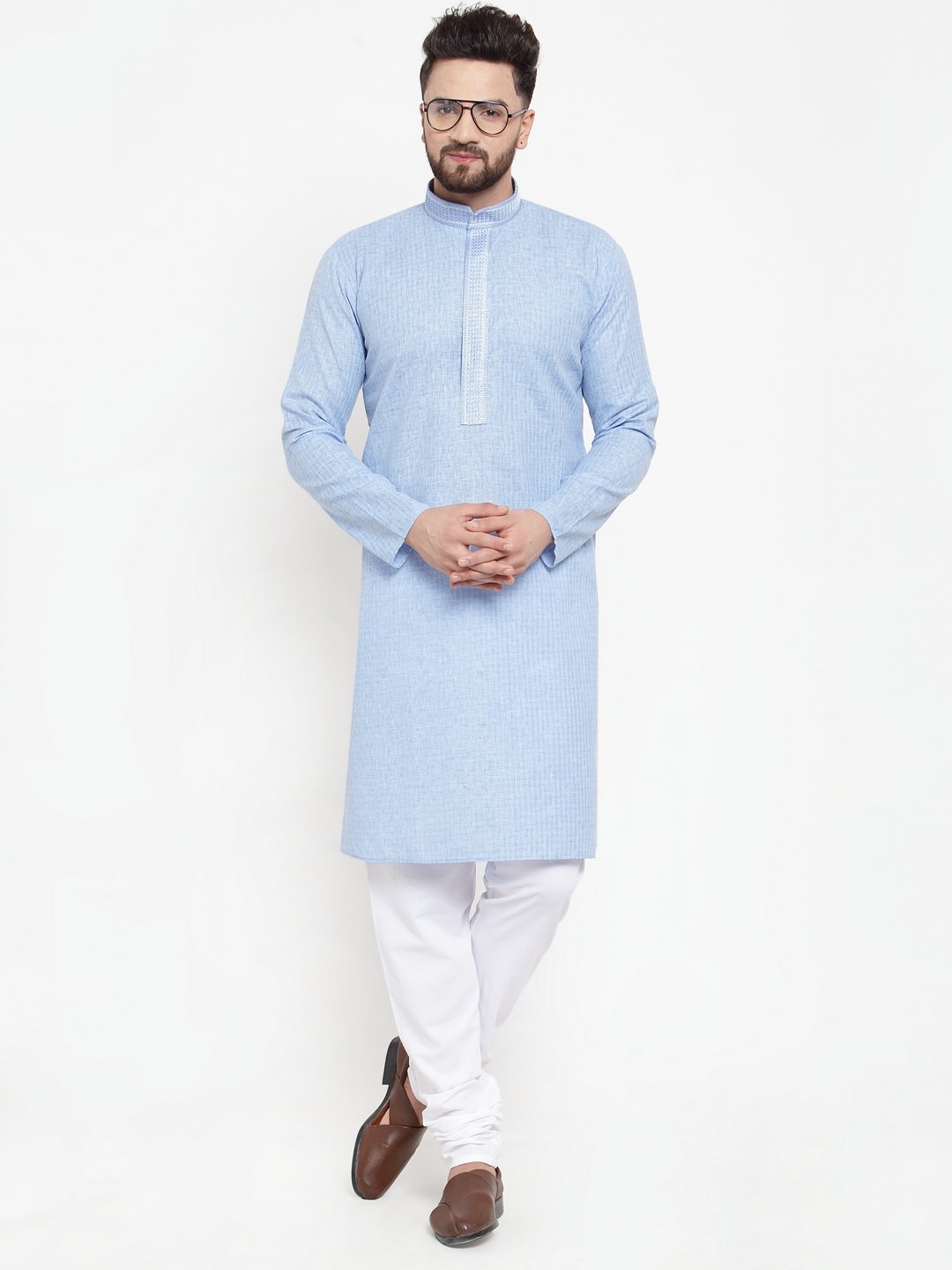 Jompers Men Blue & White Embroidered Kurta with Churidar - Distacart