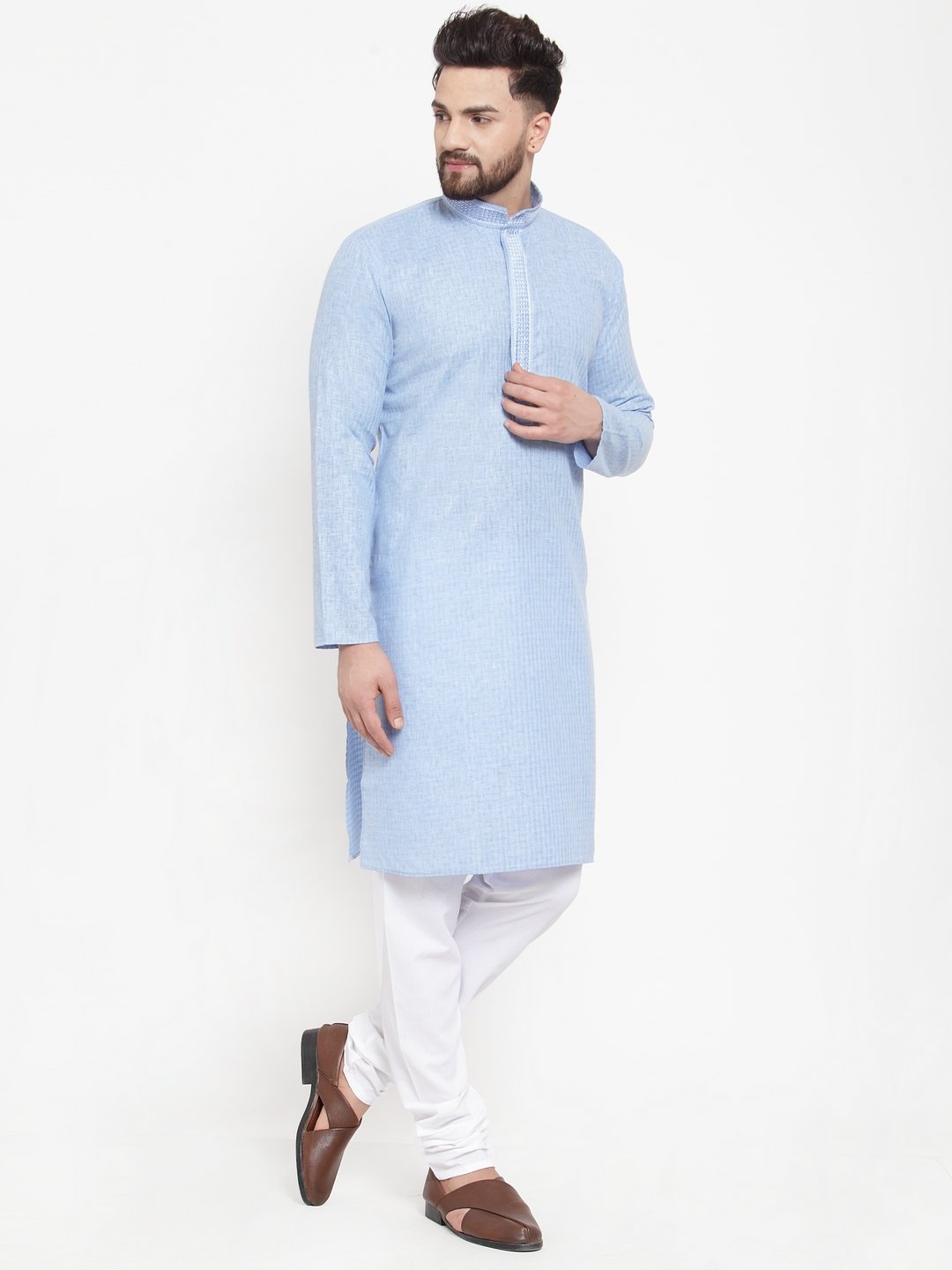 Jompers Men Blue & White Embroidered Kurta with Churidar - Distacart