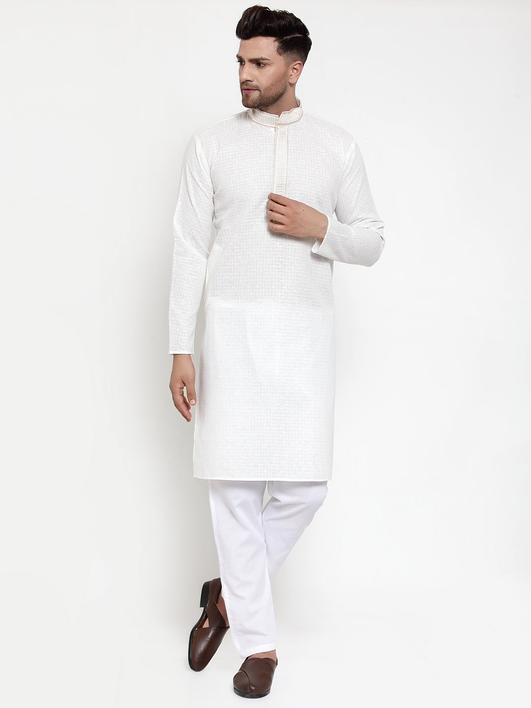 Jompers Men's White Woven Kurta Payjama Sets