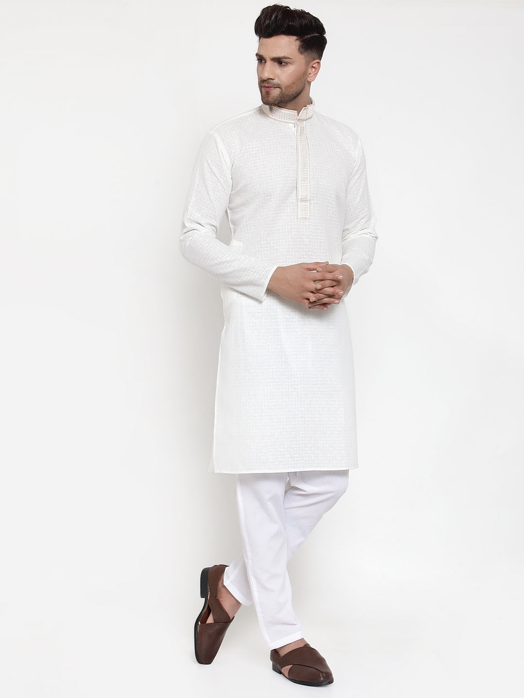Jompers Men's White Woven Kurta Payjama Sets
