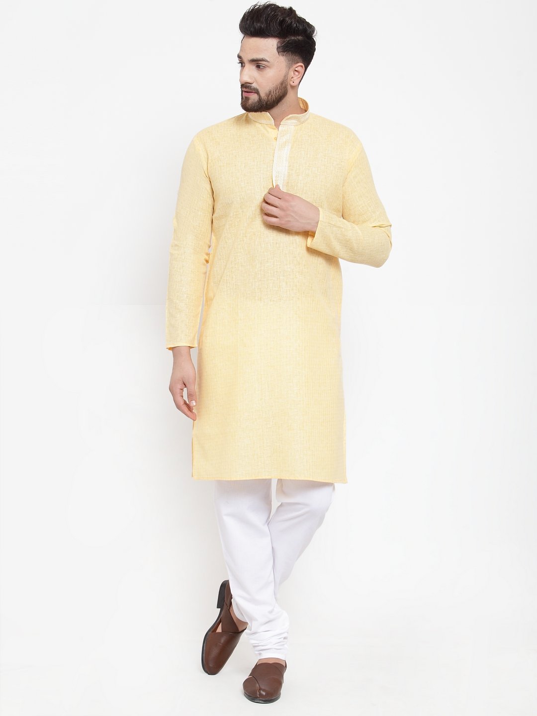 Jompers Men Yellow & White Embroidered Kurta Only - Distacart