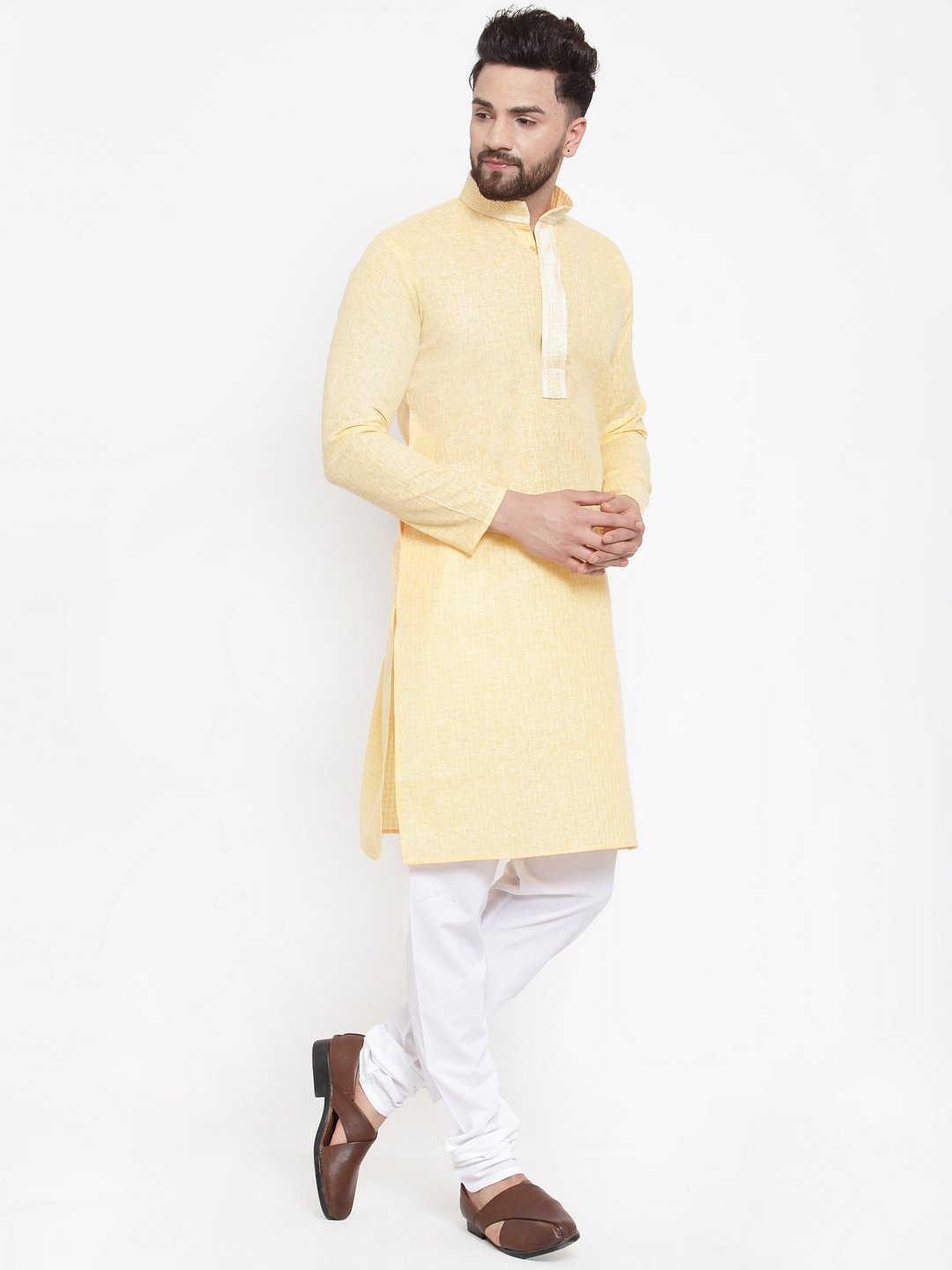 Jompers Men Yellow & White Embroidered Kurta with Churidar - Distacart