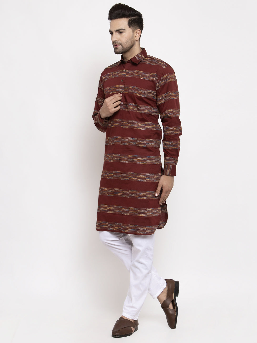 Jompers Men Brown Woven Design Kurta with Pyjamas - Distacart