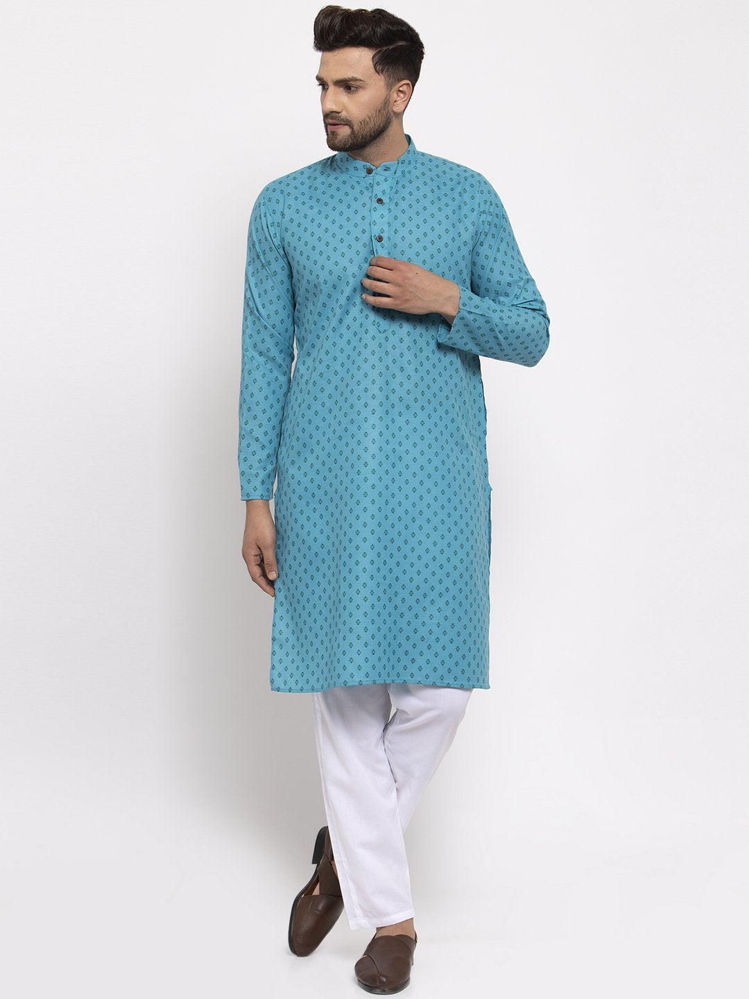 Jompers Men Sky Blue Printed Kurta Only - Distacart