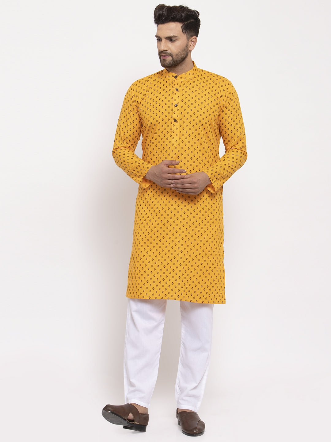Jompers Men Yellow Printed Kurta with Pyjamas - Distacart