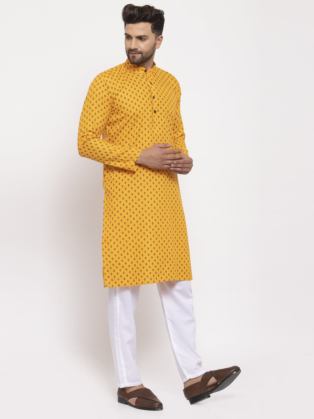Jompers Men Yellow Printed Kurta with Pyjamas - Distacart