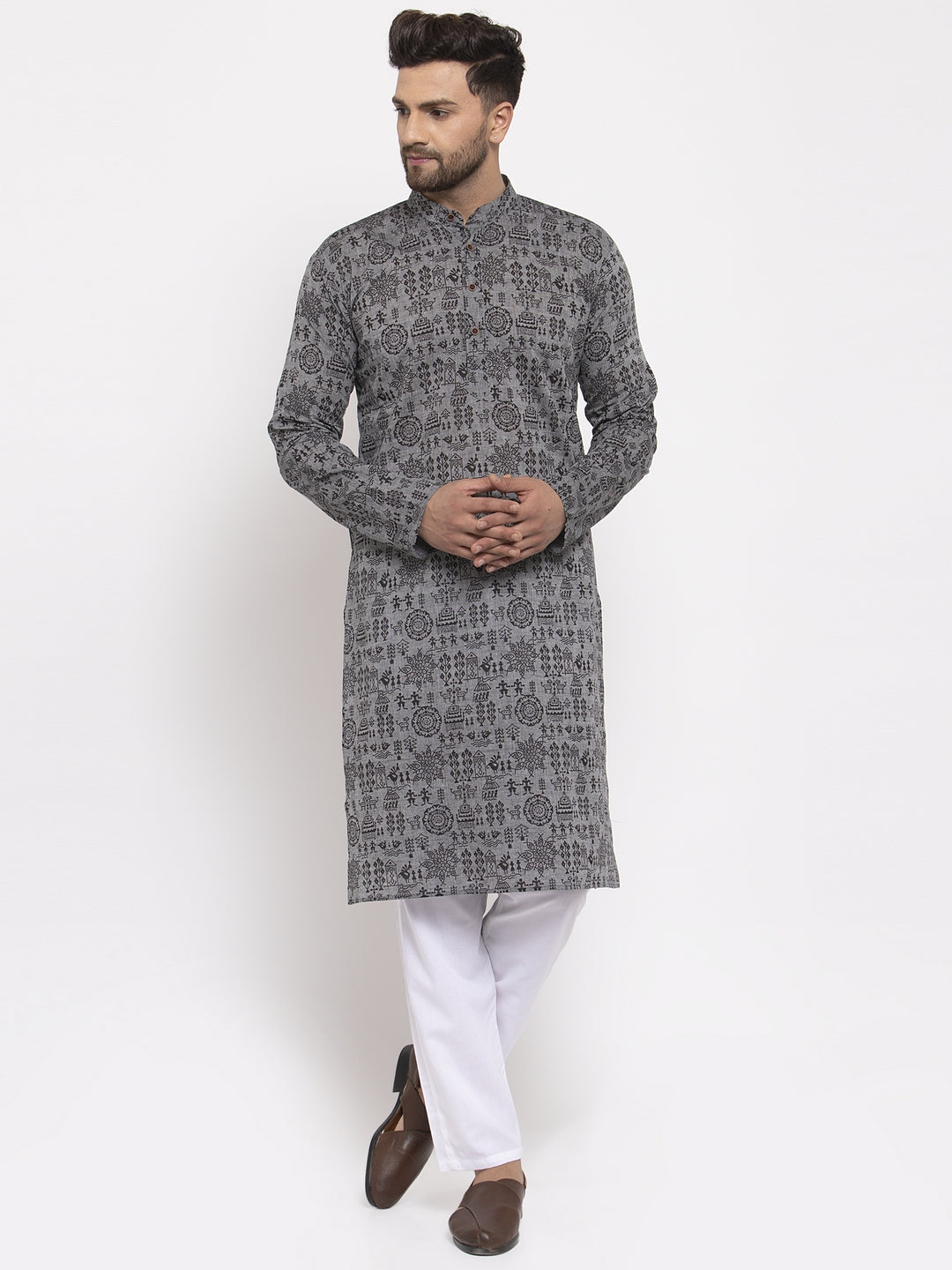 Jompers Men Grey Printed Straight Kurta - Distacart