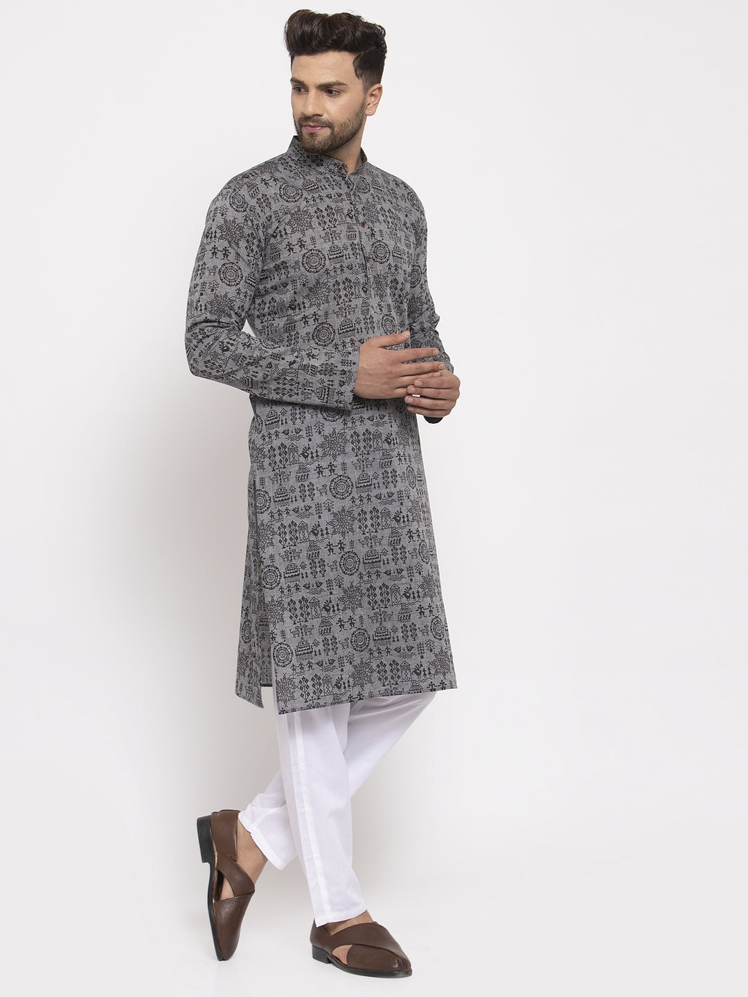 Jompers Men Grey Printed Straight Kurta - Distacart