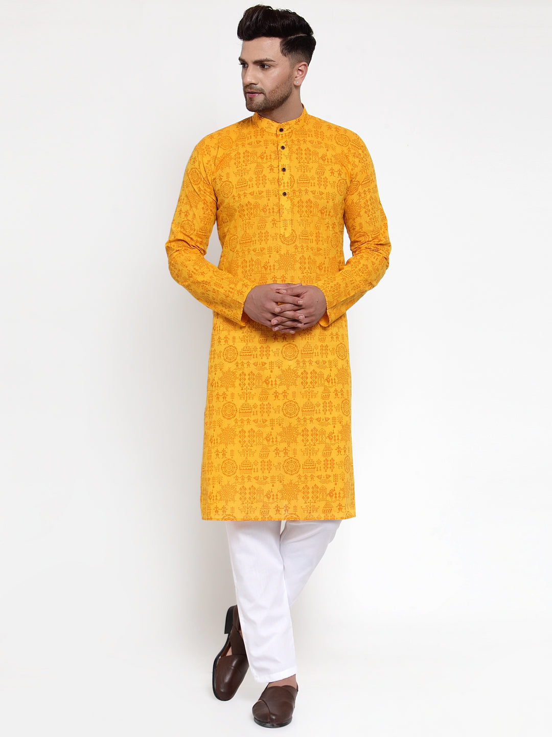 Jompers Men Mustard Printed Straight Kurta - Distacart