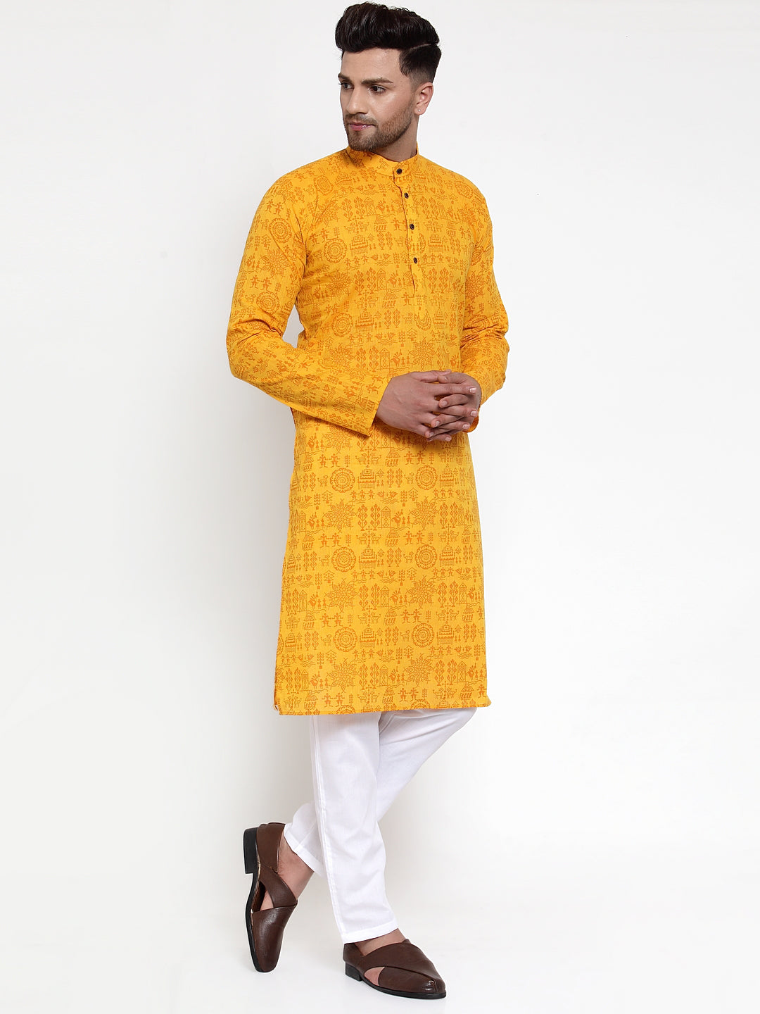 Jompers Men Mustard Printed Straight Kurta - Distacart