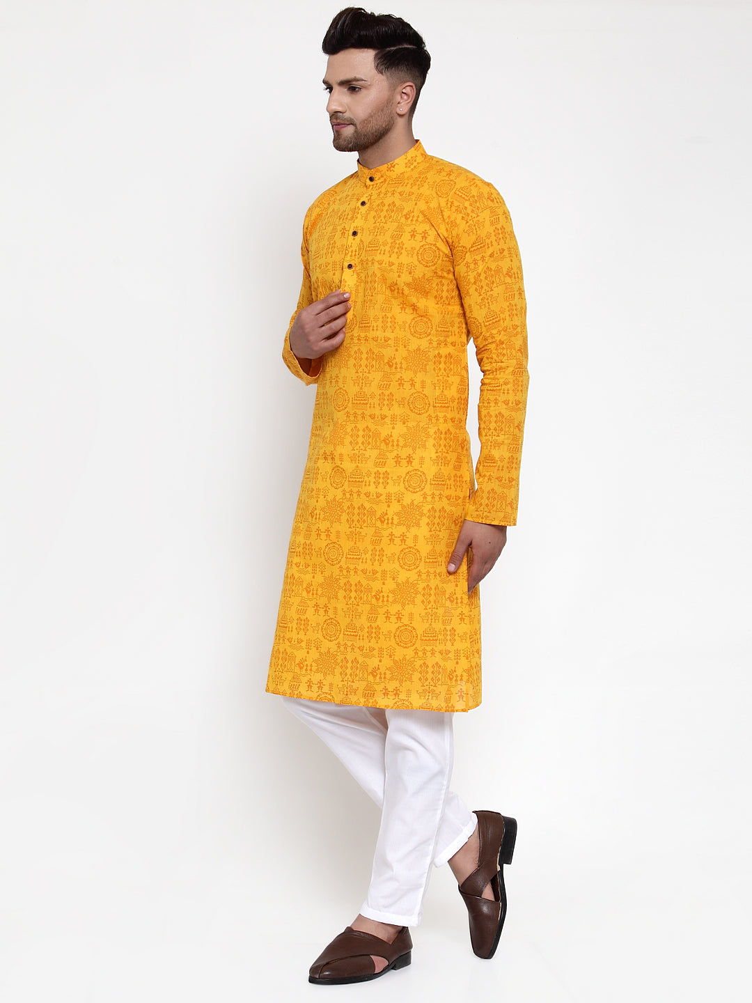 Jompers Men Mustard Printed Straight Kurta - Distacart