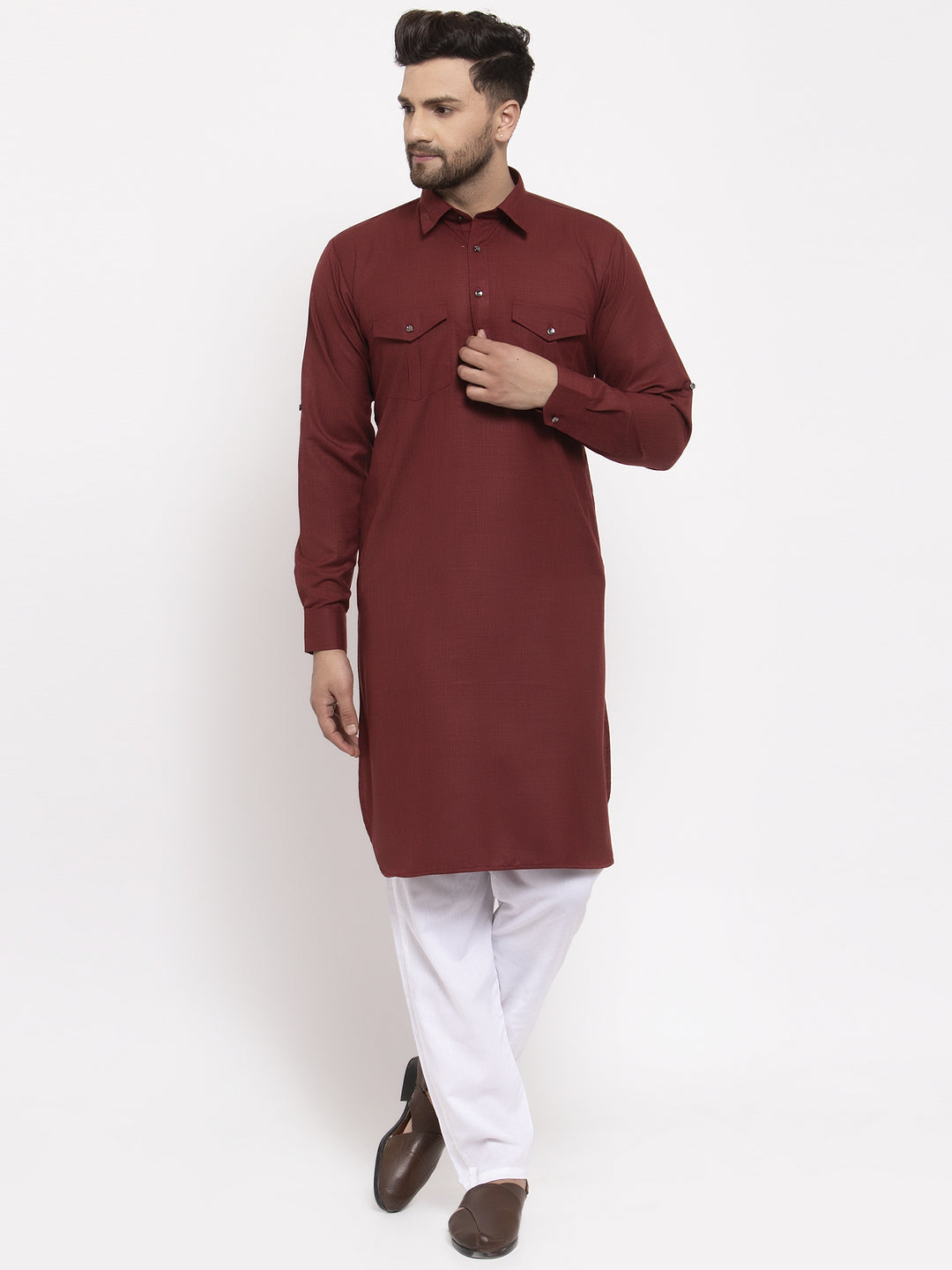 Jompers Men Maroon Solid Kurta with White Pyjamas - Distacart