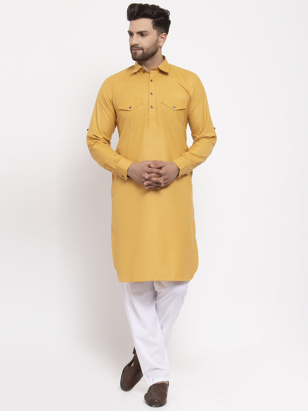 Jompers Men Mustard Solid Kurta with White Pyjamas - Distacart