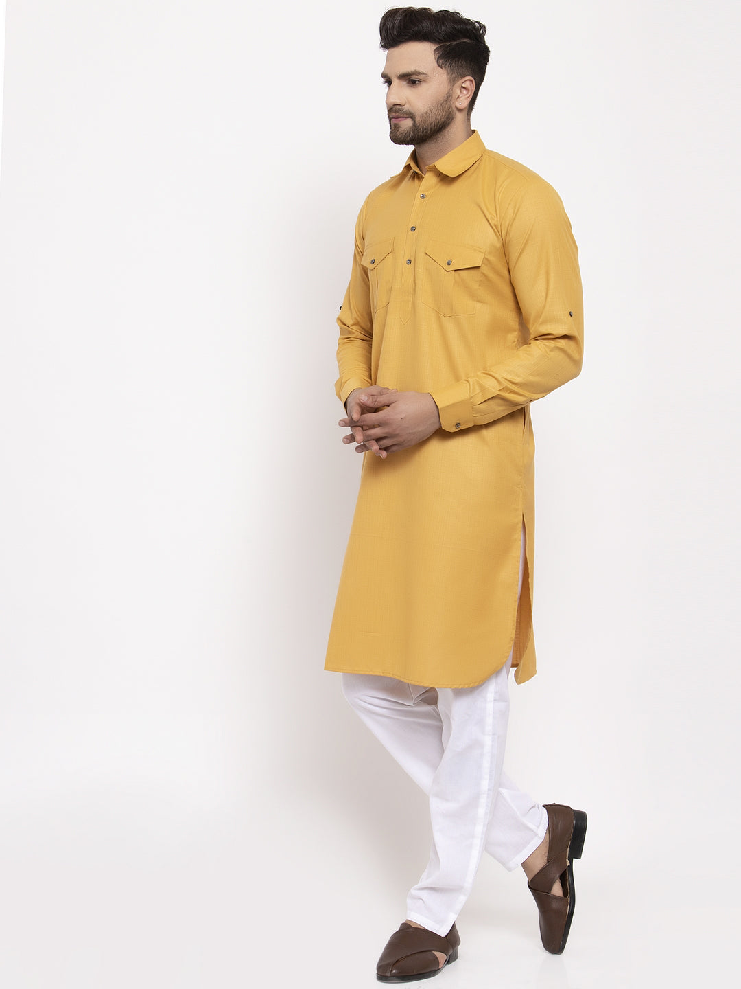 Jompers Men Mustard Solid Kurta with White Pyjamas - Distacart