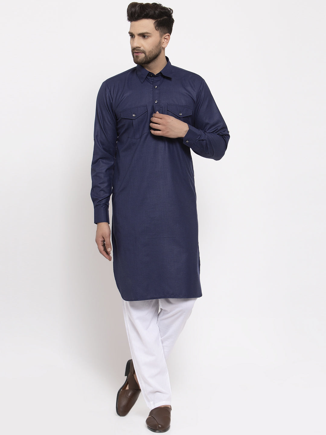 Jompers Men Navy-Blue Solid Kurta with White Pyjamas - Distacart