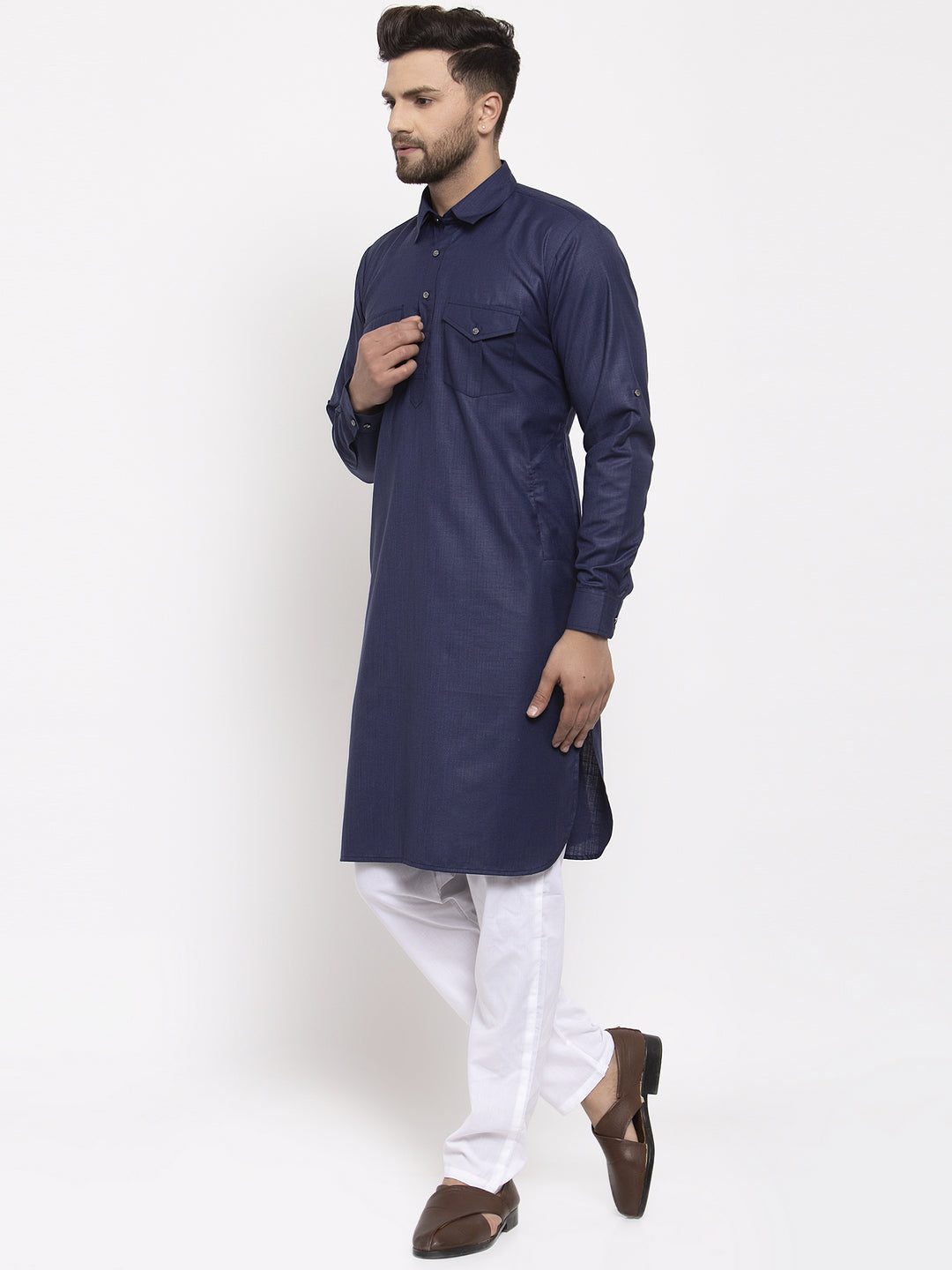 Jompers Men Navy-Blue Solid Kurta with White Pyjamas - Distacart