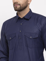 Thumbnail for Jompers Men Navy-Blue Solid Kurta with White Pyjamas - Distacart