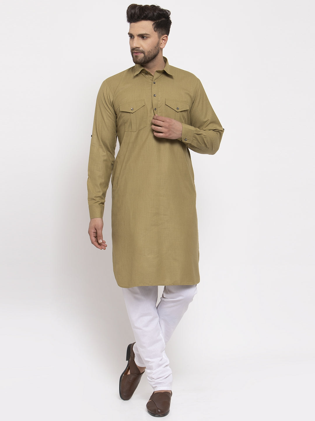 Jompers Men Olive Green Solid Kurta with White Pyjamas - Distacart