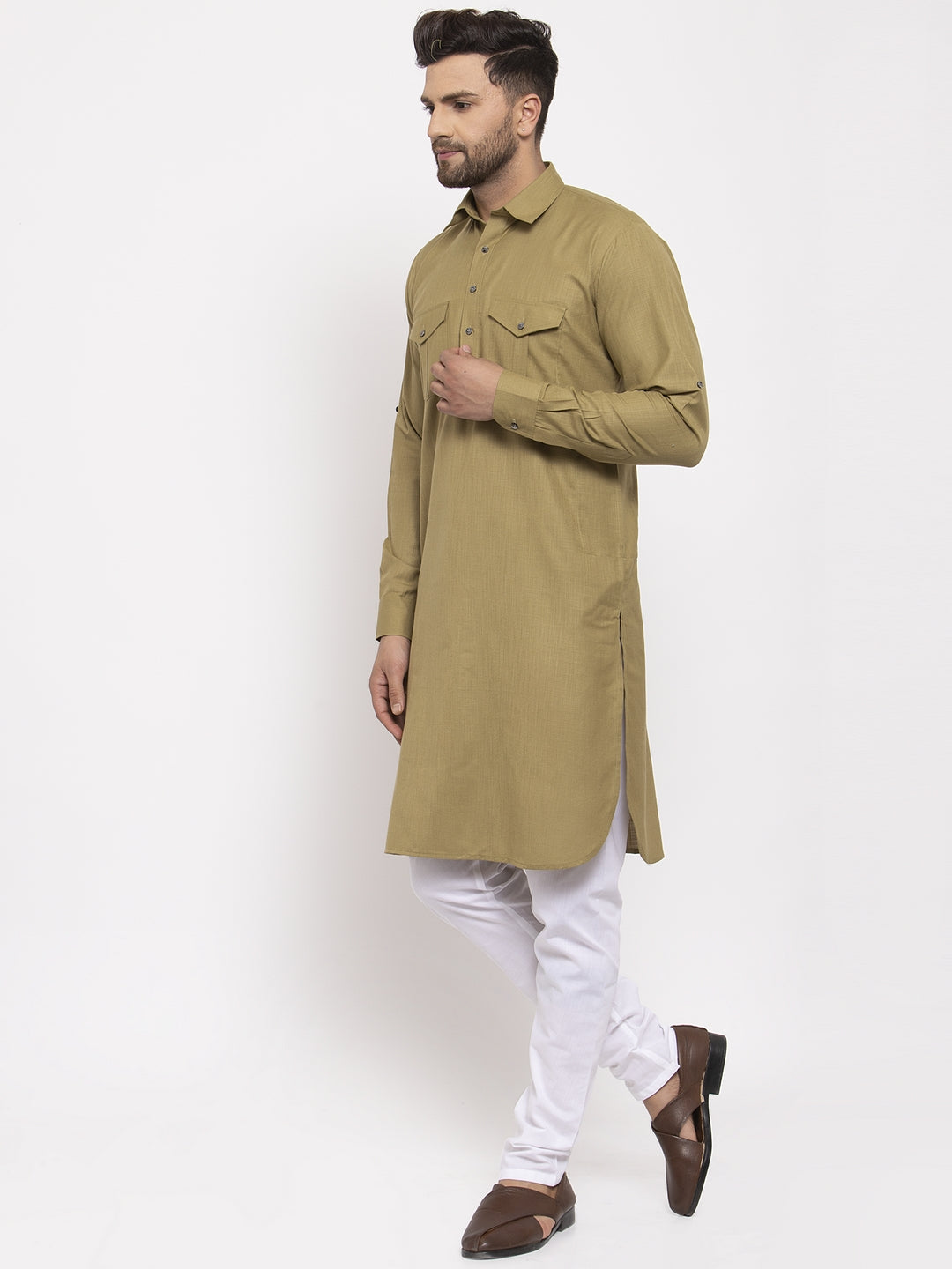 Jompers Men Olive Green Solid Kurta with White Pyjamas - Distacart