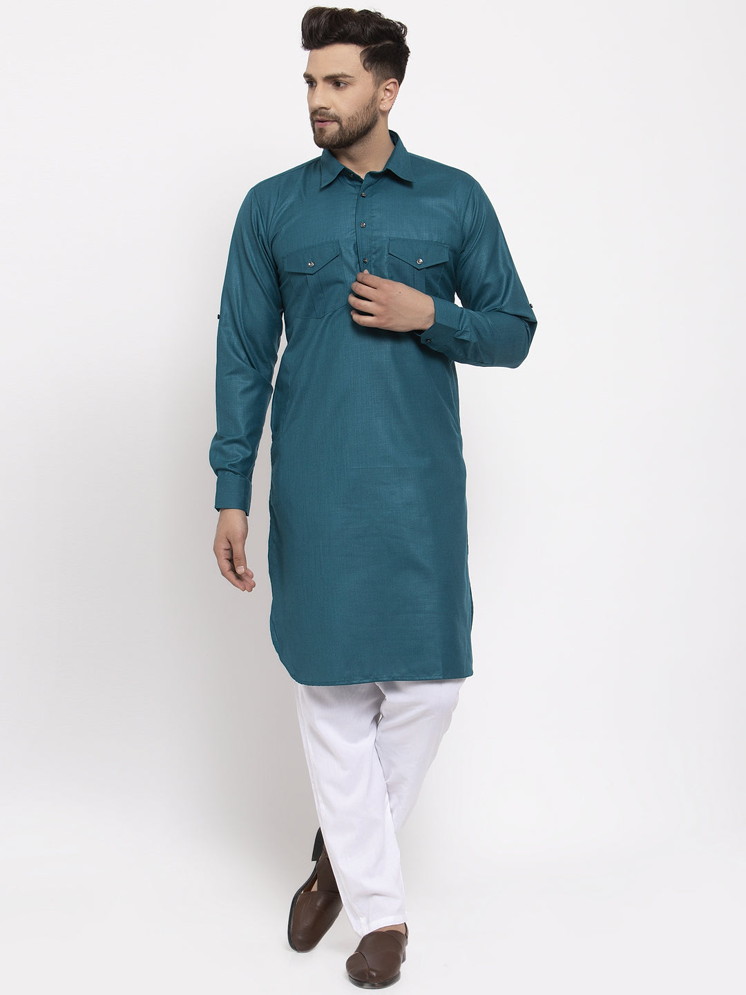 Jompers Men Teal Solid Kurta with White Pyjamas - Distacart