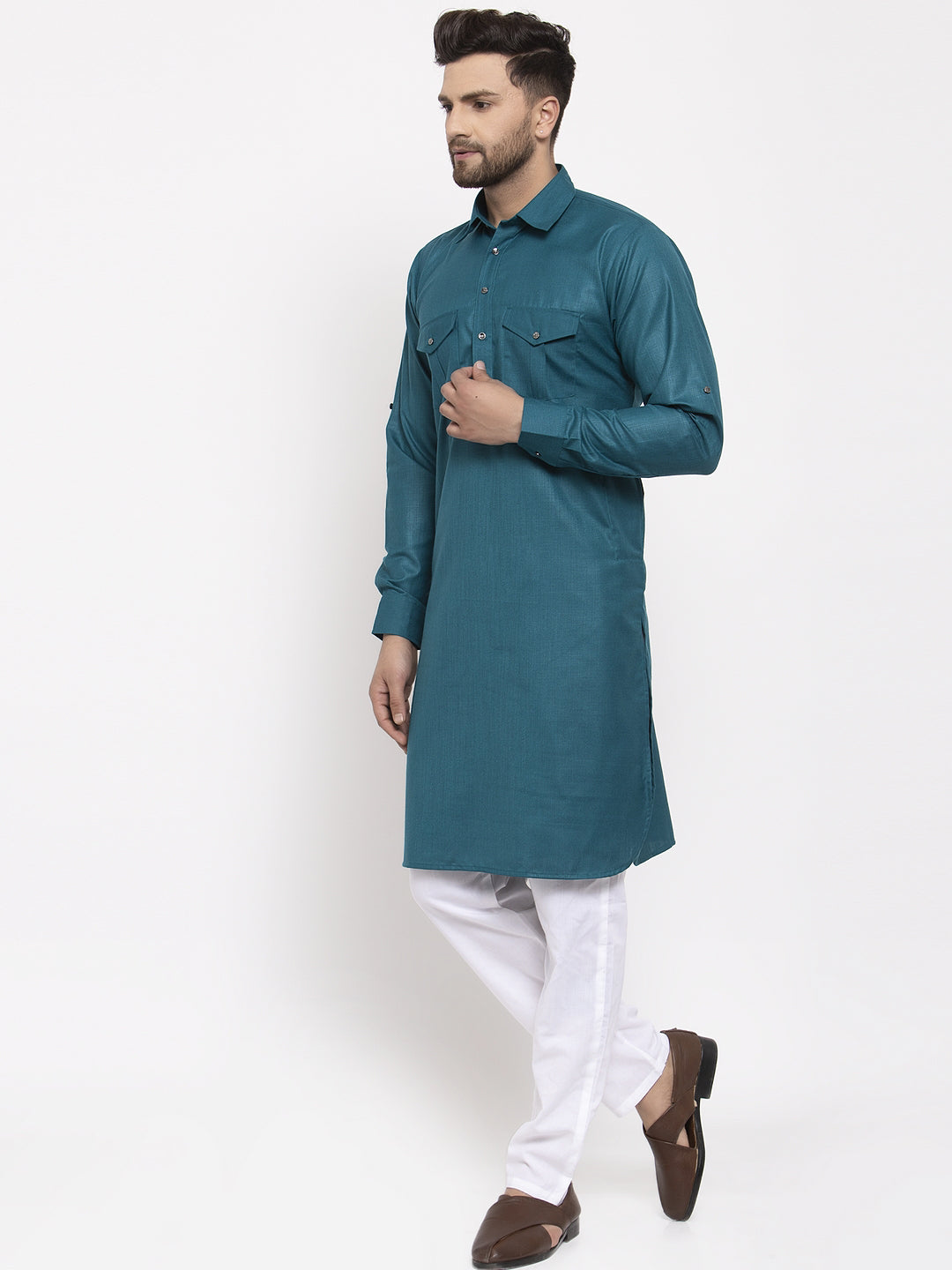 Jompers Men Teal Solid Kurta with White Pyjamas - Distacart