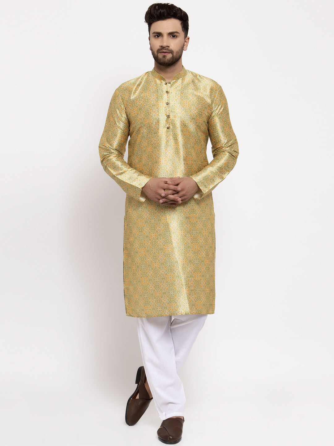 Jompers Men Green & Gold-Toned Woven Design Kurta with Pyjamas - Distacart