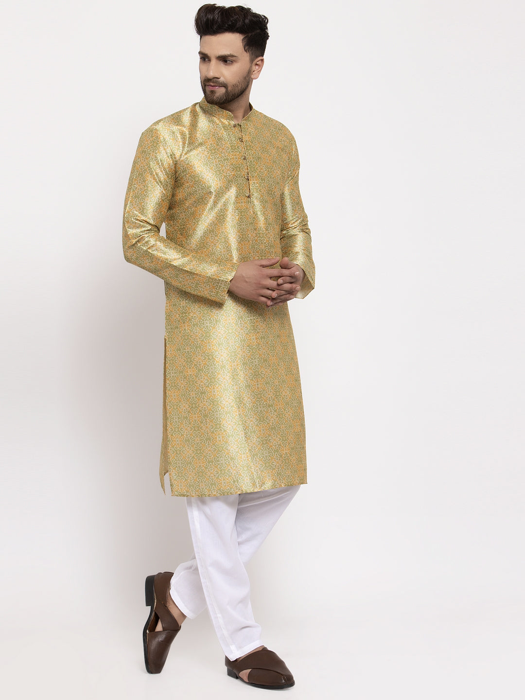 Jompers Men Green & Gold-Toned Woven Design Kurta with Pyjamas - Distacart